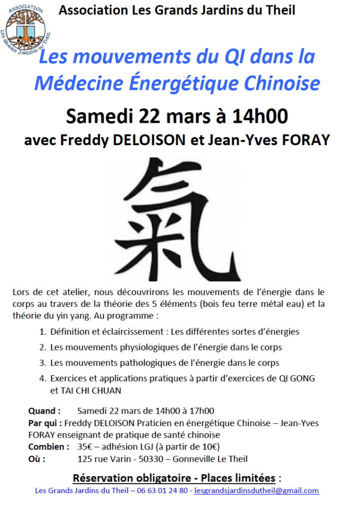 Lors de cet atelier, nous découvrirons les mouvements de l’énergie dans le corps au travers de la théorie des 5 éléments et du cycle d’engendrement (bois feu terre métal eau) et la théorie du yin yang.
1.	Définition et éclaircissement : Les différentes sortes d’énergies
2.	Les mouvements physiologiques de l’énergie dans le corps
3.	Les mouvements pathologiques de l’énergie dans le corps
4.	Exercices et applications pratiques à partir d’exercices de QI GONG et TAI CHI CHUAN